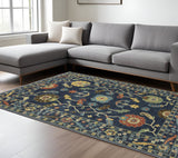 7' X 10' Blue And Gold Oriental Area Rug With Fringe