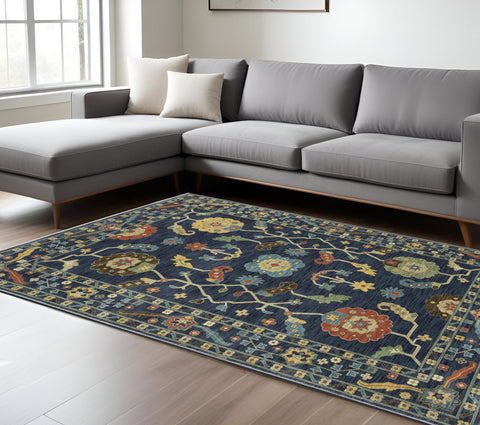 7' X 10' Blue And Gold Oriental Area Rug With Fringe
