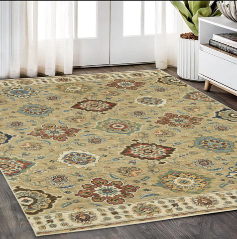 5' X 8' Tan Ivory And Brown Floral Area Rug With Fringe