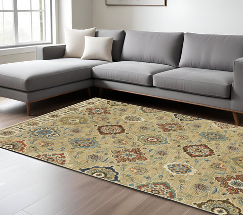 7' X 10' Tan Ivory And Brown Floral Area Rug With Fringe