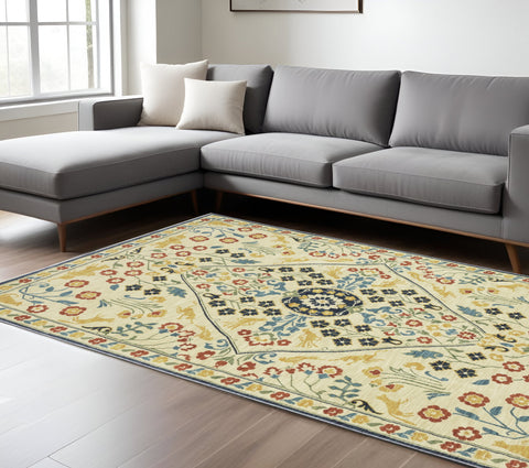 7' X 10' Ivory Orange And Navy Blue Oriental Area Rug With Fringe