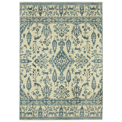 7' X 10' Ivory And Blue Oriental Area Rug With Fringe
