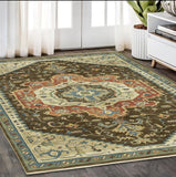 5' X 8' Brown And Orange Oriental Area Rug With Fringe