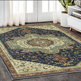 5' X 8' Blue Ivory And Orange Oriental Area Rug With Fringe