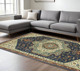 7' X 10' Blue Ivory And Orange Oriental Area Rug With Fringe