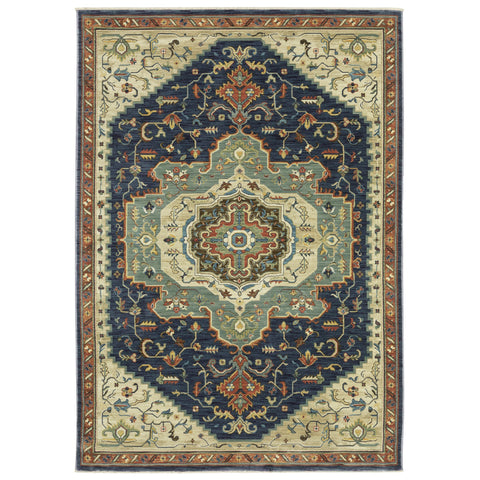 7' X 10' Blue Ivory And Orange Oriental Area Rug With Fringe