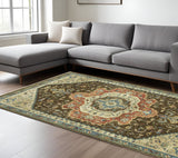 7' X 10' Brown And Orange Oriental Area Rug With Fringe