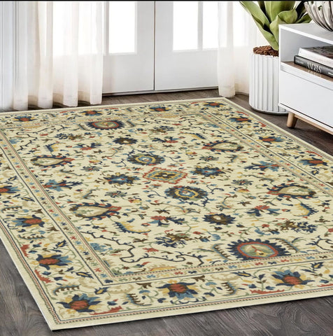 5' X 8' Ivory Blue And Orange Oriental Area Rug With Fringe