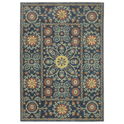 5' X 8' Blue And Rust Medallion Area Rug With Fringe