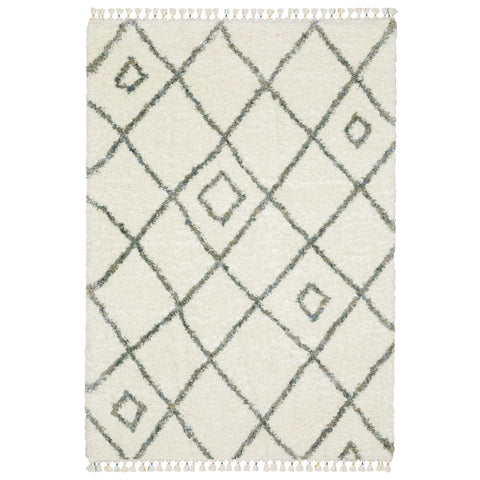 4' X 5' Ivory Gray And Tan Diamond Shag Area Rug With Fringe