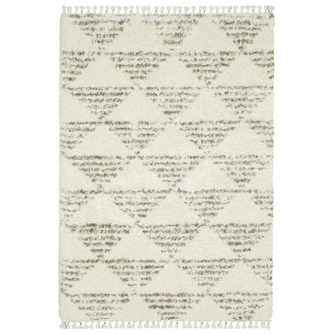4' X 5' Ivory And Green Geometric Shag Area Rug With Fringe