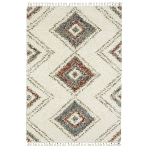 4' X 5' Ivory Red And Orange Southwestern Shag Area Rug With Fringe