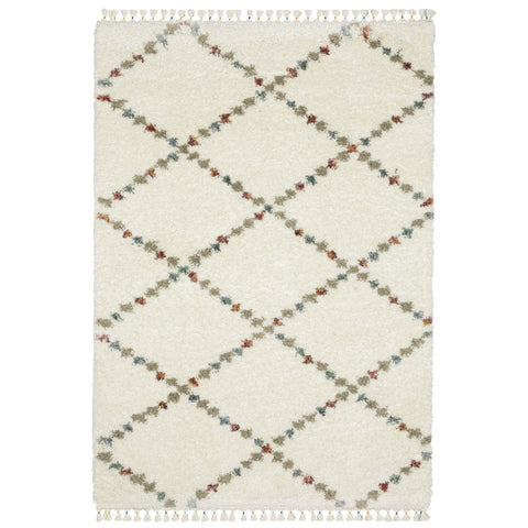 4' X 6' Ivory Tan And Gray Diamond Shag Area Rug With Fringe