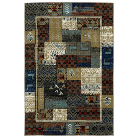 5' X 7' Brown Tan And Blue Patchwork Area Rug