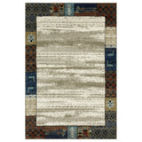 7' X 9' Ivory Tan And Blue Patchwork Area Rug