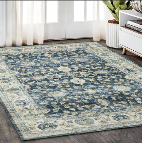 5' X 7' Blue And Ivory Oriental Distressed Area Rug