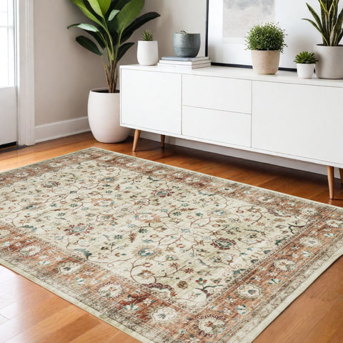 4' X 6' Ivory And Rust Oriental Distressed Area Rug