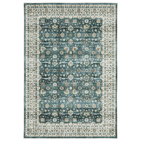 8' X 10' Teal And Ivory Oriental Distressed Area Rug