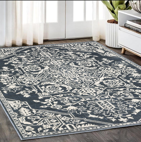 5' X 8' Blue And Ivory Oriental Area Rug