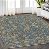 5' X 8' Blue And Beige Oriental Area Rug With Fringe
