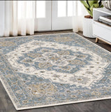 5' X 8' Blue And Ivory Medallion Distressed Area Rug With Fringe