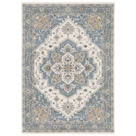 5' X 8' Blue And Ivory Medallion Distressed Area Rug With Fringe