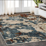 5' X 8' Beige Rust And Teal Abstract Distressed Area Rug With Fringe