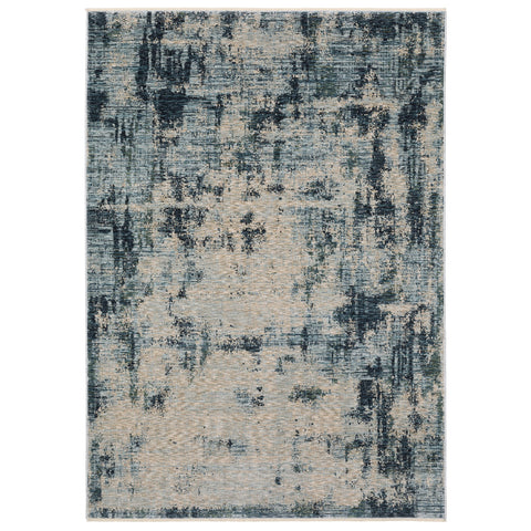 5' X 8' Beige And Blue Abstract Distressed Area Rug With Fringe