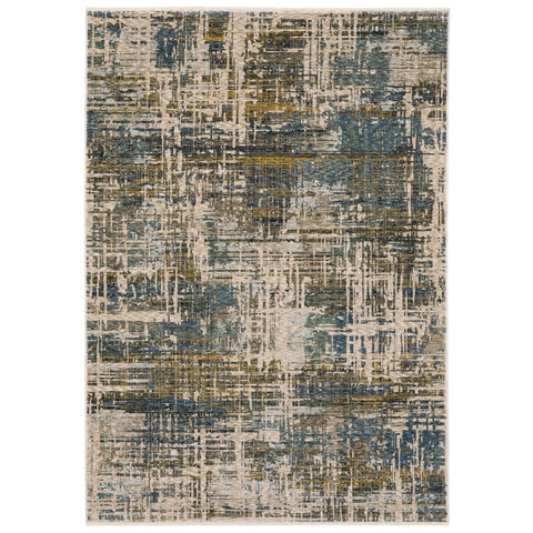 5' X 8' Blue And Gold Abstract Distressed Area Rug With Fringe
