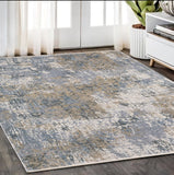 5' X 8' Beige And Blue Abstract Distressed Area Rug With Fringe