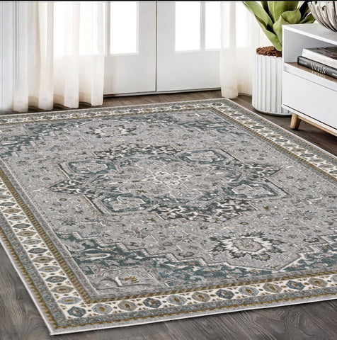 5' X 8' Brown And Blue Medallion Area Rug