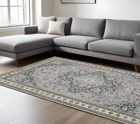 7' X 10' Brown And Blue Medallion Area Rug