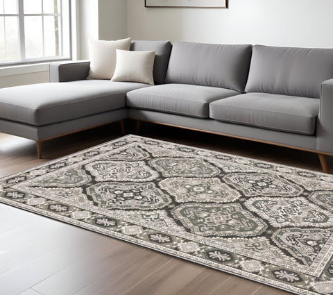 7' X 10' Blue Ivory And Charcoal Medallion Area Rug