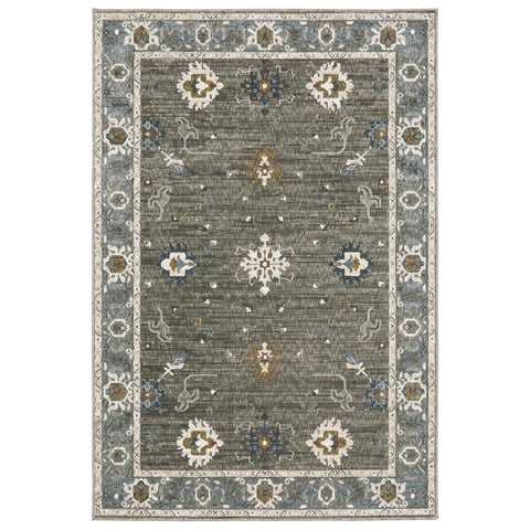 7' X 10' Blue Ivory And Gray Oriental Area Rug