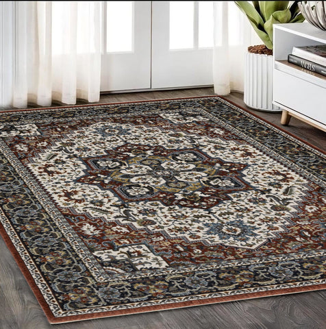 5' X 8' Red Black And White Medallion Area Rug With Fringe