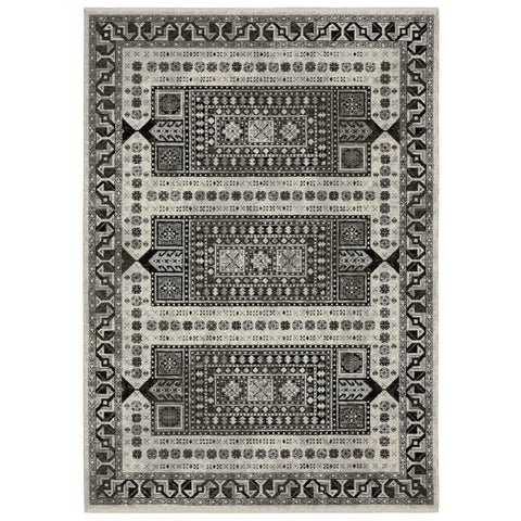 7' X 10' Ivory And Charcoal Oriental Area Rug With Fringe