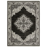 5' X 8' Charcoal And Ivory Medallion Area Rug With Fringe