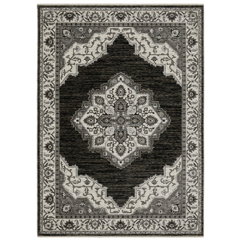 7' X 10' Charcoal And Ivory Medallion Area Rug With Fringe