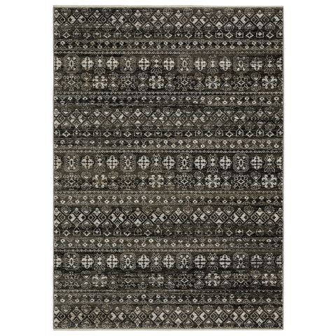 7' X 10' Black And Gray Tribal Area Rug With Fringe