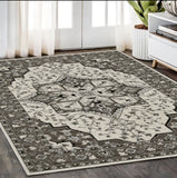 5' X 8' Ivory And Gray Medallion Area Rug With Fringe
