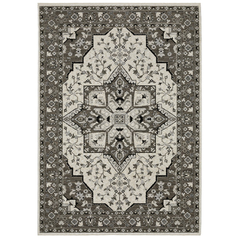 5' X 8' Ivory And Gray Medallion Area Rug With Fringe