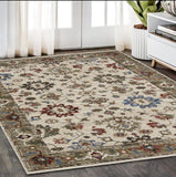 5' X 8' Ivory And Green Oriental Area Rug With Fringe