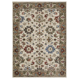 5' X 8' Ivory And Green Oriental Area Rug With Fringe