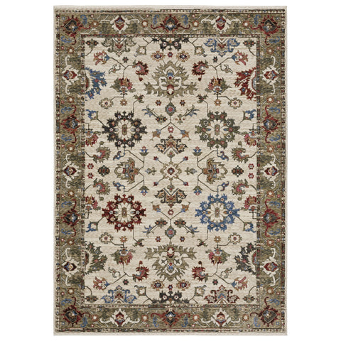 5' X 8' Ivory And Green Oriental Area Rug With Fringe