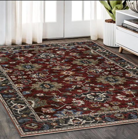 5' X 8' Red Blue And Charcoal Oriental Area Rug With Fringe