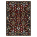 5' X 8' Red Blue And Charcoal Oriental Area Rug With Fringe
