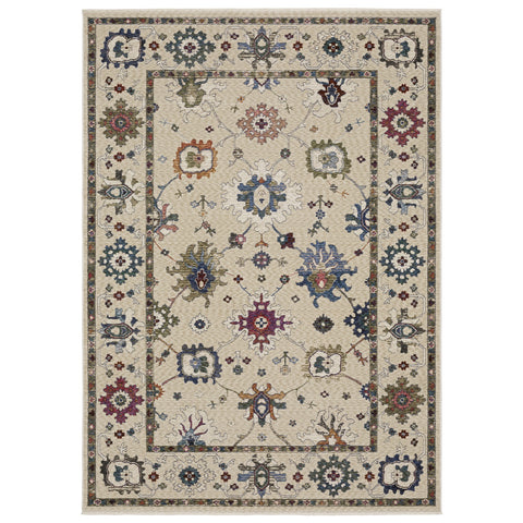 5' X 8' Ivory Blue And Gray Floral Area Rug With Fringe