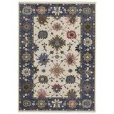 5' X 8' Blue And Ivory Floral Area Rug With Fringe