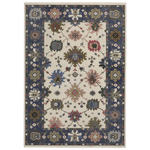 5' X 8' Blue And Ivory Floral Area Rug With Fringe