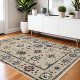 4' X 6' Ivory Blue And Light Brown Floral Area Rug With Fringe